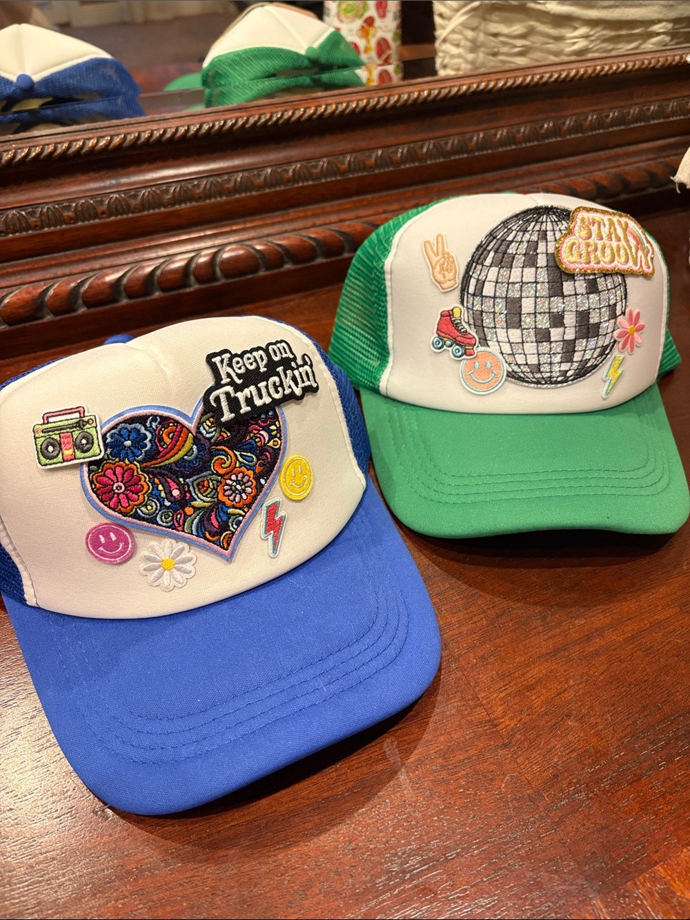 Colorful Patch Trucker Hats - Blue and Green